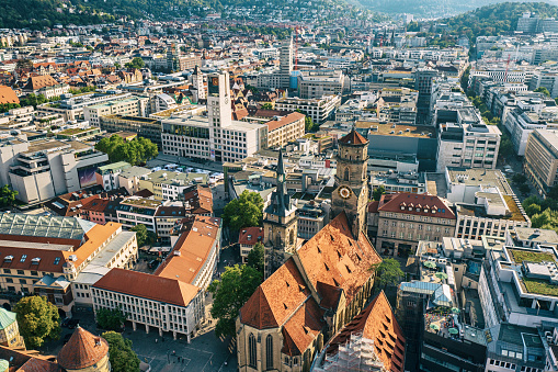The Stiftskirche (Collegiate Church) is an inner-city church in Stuttgart, the capital of Baden-Wurttemberg, Germany. View from above with the town buildings