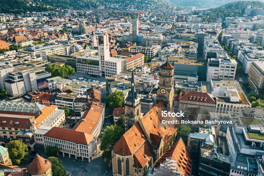 Stiftskirche church in Stuttgart, Germany The Stiftskirche (Collegiate Church) is an inner-city church in Stuttgart, the capital of Baden-Wurttemberg, Germany. View from above with the town buildings Stuttgart Stock Photo