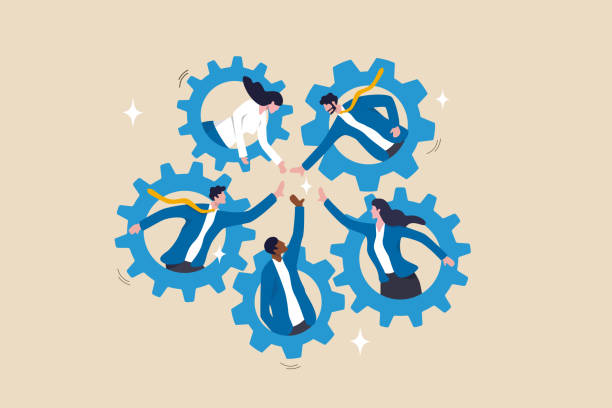 Team working together, teamwork, organization or employee collaboration for success, community or meeting agreement, cooperation concept, businessman woman, people on gear cogwheel working together. vector art illustration