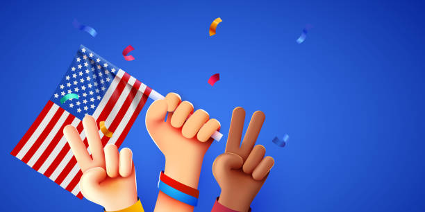 istock Raised multiracial hands with USA flag. 4th of July. Celebrating Independence Day. 1502346219