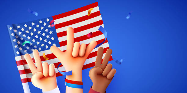 istock Raised multiracial hands with USA flag. 4th of July. Celebrating Independence Day. 1502346224