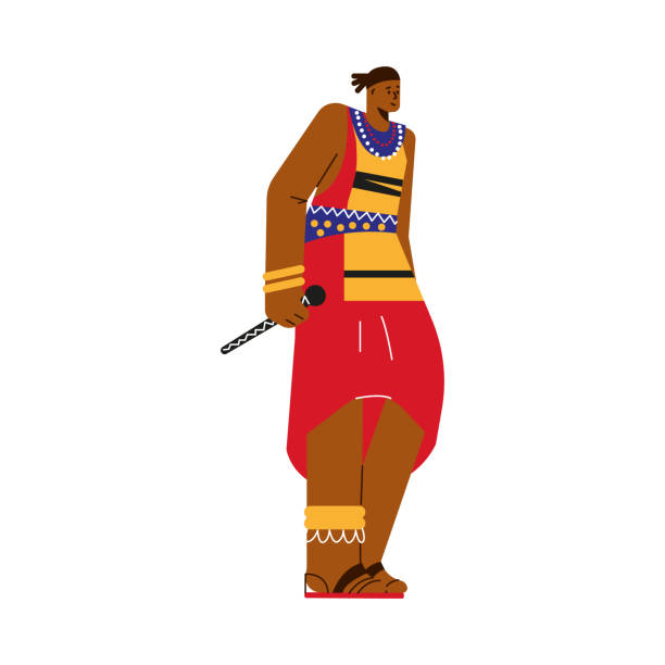 Smiling young African man in traditional clothes holding microphone flat style Smiling young African man in traditional clothes holding microphone flat style, vector illustration isolated on white background. Music and culture, boy with with necklace and bracelets white background smiling minority african descent stock illustrations