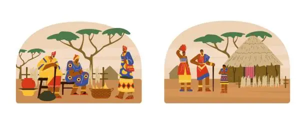 Vector illustration of Set of scenes with African people flat style, vector illustration