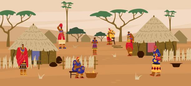 African tribal ethnic village with huts and people flat vector illustration. African tribal ethnic village with group of huts and people in traditional costumes. African tribe traditional settlement, flat cartoon vector illustration. kenyan man stock illustrations