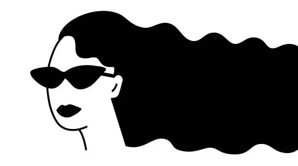 Vector illustration of A fashionista woman with cat eye sunglasses, black and white outline cartoon.