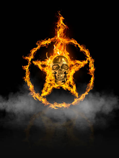 istock Fire skull and ring star, of fire in black smoke background 1502364210