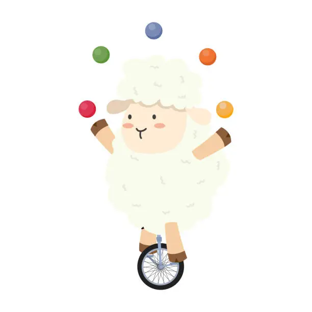 Vector illustration of Cute sheep  riding unicycle cartoon