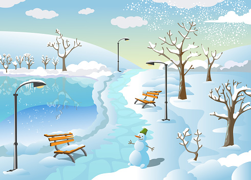 Winter landscape. Park covered with snow. Postcard picture. Illustration for kids. Snowman, trees, frozen pond. Flat vector.