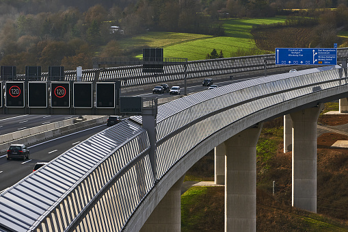 Wuerzburg, Germany - January 02, 2023: Road traffic on the A3 motorway near Würzburg in the direction of Frankfurt and Stuttgart