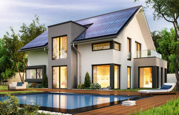 istock Modern houses with solar panels 1502379221