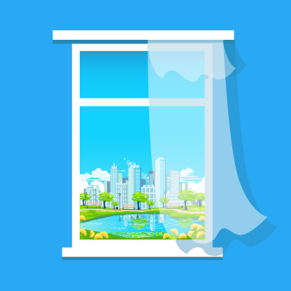 City park outside the window. Vector illustration of an open window overlooking a big city with skyscrapers and a city park with benches and a blue lake.