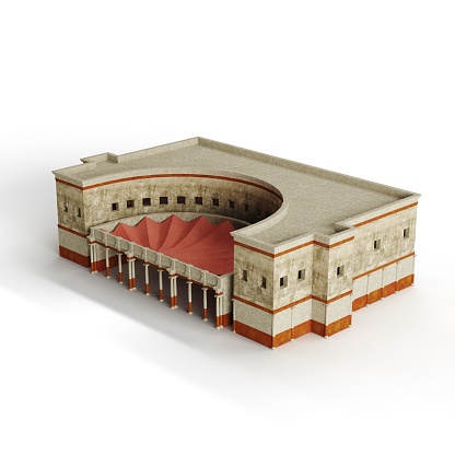 A 3D render of a historic theatre building with columns on the white background