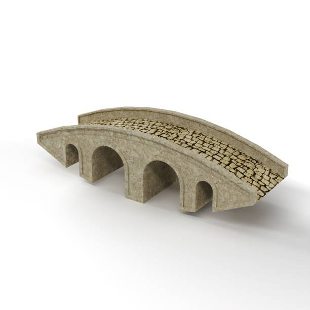 A 3D rendered illustration featuring an aged stone bridge with multiple arches set against a pristine white background