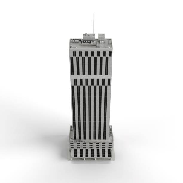A 3D render of a gray modern building isolated on the white background