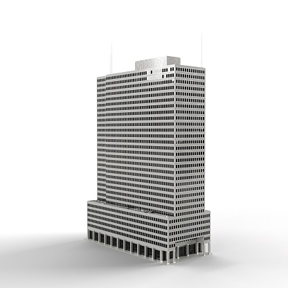 A 3D render of a gray modern office building isolated on the white background