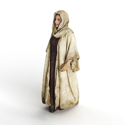 A 3D render of a female wearing an earth-toned headscarf and robe, against a white background