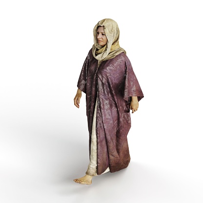 A 3D render of a female wearing an earth-toned headscarf and robe, against a white background