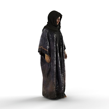 A 3D rendering of a person wearing a traditional robe and a black headscarf against a white background