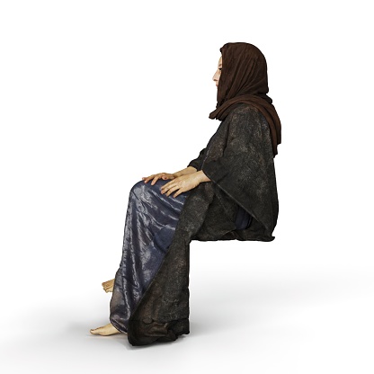 A 3D render of a woman in a black headscarf and robe sitting isolated on the white background