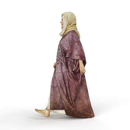 A 3D render of a woman in a headscarf and robe walking isolated on the white background