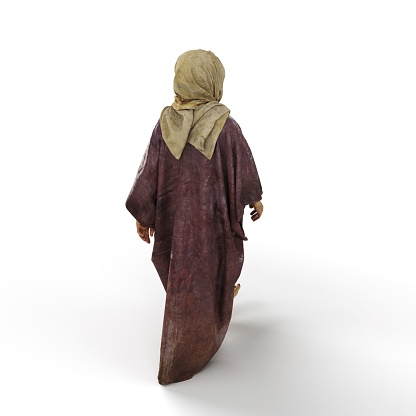 A 3D render of a person wearing an earth-toned headscarf and robe, against a white background