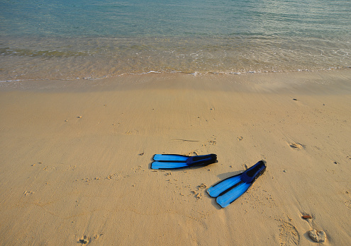 Snorkeling or Scuba diving fins on beach in summer day.