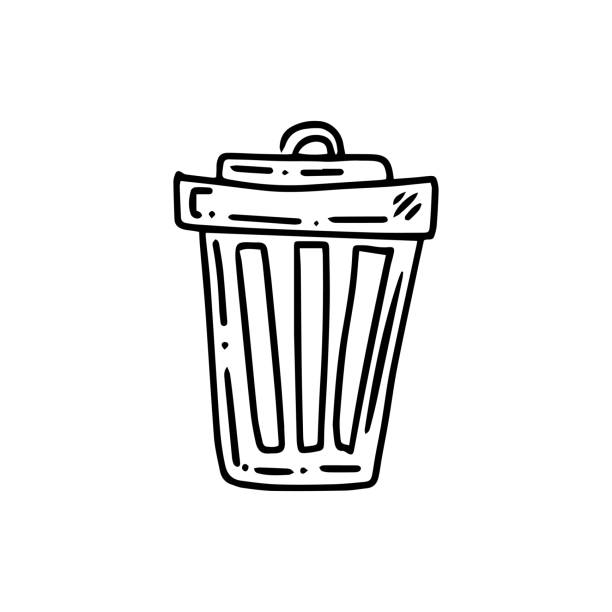 Monochrome doodle trash container. Segregate waste, sorting garbage, waste management. Vector outline illustration. Monochrome doodle trash container. Segregate waste, sorting garbage, waste management. Vector outline illustration. drawing of reduce reuse recycle symbol stock illustrations