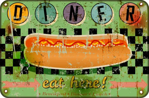 Vector illustration of retro american diner sign with hot dog, fast food vintage sign concept, worn and weathered, vector eps