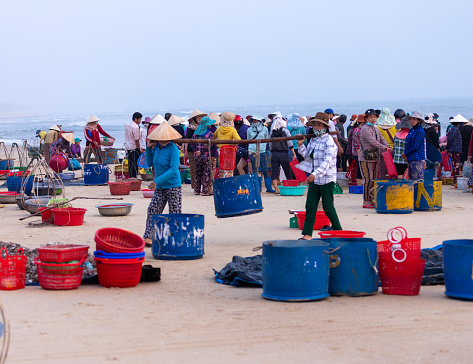 Fish market on Tam Tien beach in Nui Thanh district, Quang Nam province is about 15 km from Tam Ky city. The market only meets in the summer (in the male fish season) and is the largest wholesale seafood place in Quang Nam province. Hundreds of fishing boats gathered along the coast of Tam Tien, carrying fish and shrimp ashore at dawn. Fishermen said that more than 15 years ago, Tam Tien was simply a place where boats dock. Later, when the number of fishing boats increased, traders also concentrated more to create a bustling market like today.
