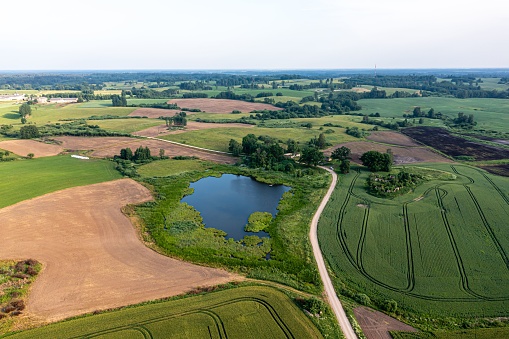 Aerial view of sprawling farm fields under the sunlight in the countryside