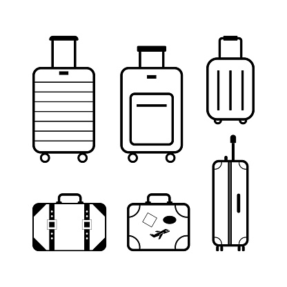 Baggage, luggage line icon set. Different baggage and suitcase for vacation. Symbol of vacation, summertime, travel and tourism.