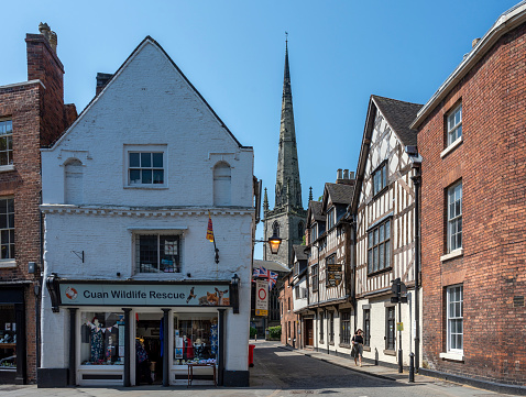 Shrewsbury, Shropshire, UK - June 09, 2023 : old town of the picturesque town of Shrewbury in the Shropshire region of England