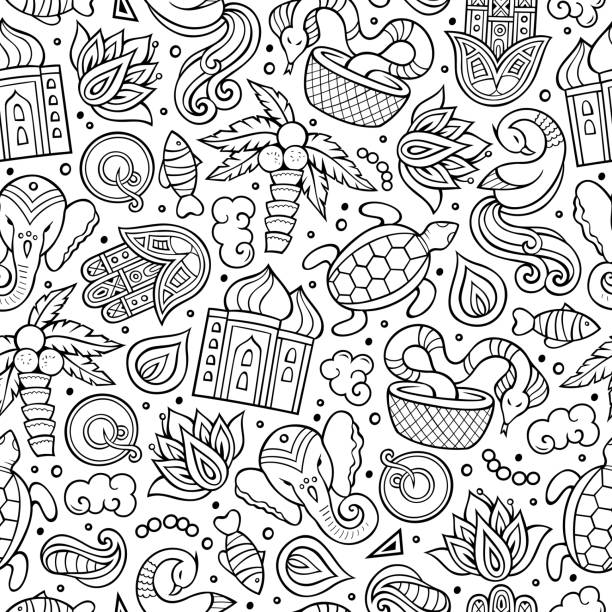 India culture hand drawn doodles seamless pattern. Indian backgraund India culture hand drawn doodles seamless pattern. Indian background. Cartoon fabric print design. Line art vector illustration ganesha outline drawing stock illustrations