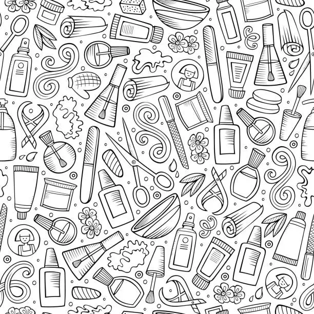 Vector illustration of Manicure hand drawn doodles seamless pattern. Nails art background