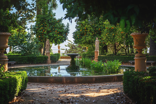 French Garden Fountain and sculptures at Carmen de los Martires - Granada, Andalusia, Spain