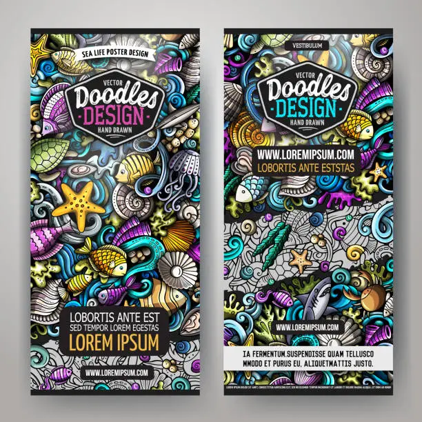 Vector illustration of Cartoon vector underwater life doodle banners