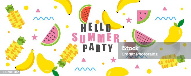 istock Summer! Vector illustrations of a cute fruit, and a pattern of watermelon mango banana pineapple background design 1502411282
