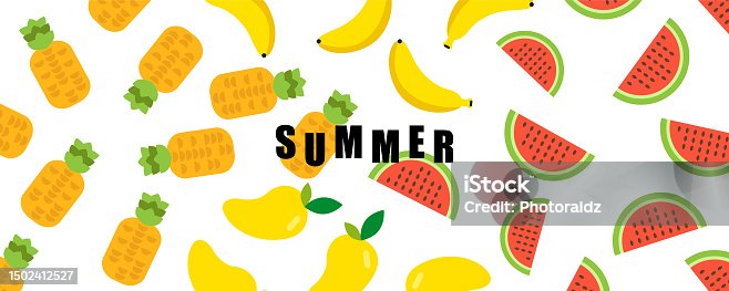 istock Summer! Vector illustrations of a cute fruit, and a pattern of watermelon mango banana pineapple background design 1502412527