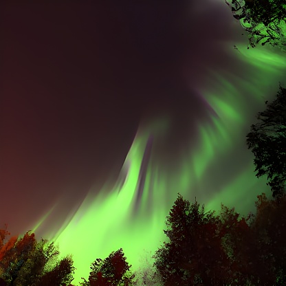 A photo of a treeline with the night sky above illuminated by the Northern Lights.