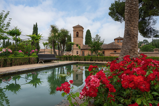 Granada, Spain - Jun 5,  2019: Palace of the former Convent of San Francisco at Alhambra - Granada, Andalusia, Spain