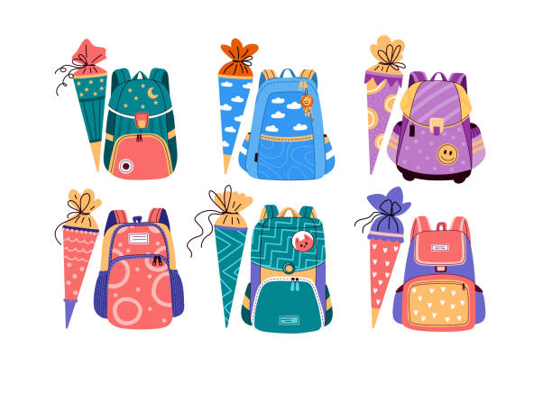 School backpack with candy cones for first grader.Vector cartoon illustration Collection of cartoon backpacks for students, children with traditional german school or candy cones.Back to school colorful set.Flat style vector illustration on white background. zuckertüte stock illustrations