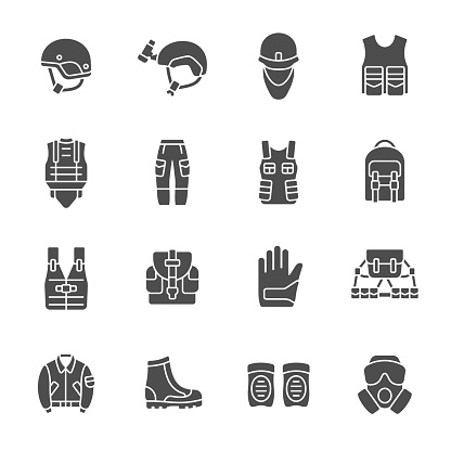 Military equipment and clothing icons.