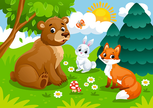 Forest cute animals. Friendly rabbit, fox and bear sitting on green meadow with butterfly and flower. Colorful kind character and nature with plants in children style. Cartoon flat vector illustration