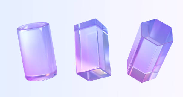 Glass cylinder, rectangle and hexagon 3d render icons set. Abstract geometry shapes with holographic gradient texture, crystal rainbow objects, graphic elements isolated on background