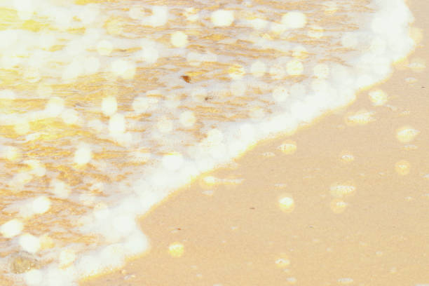Transparent waves run into the sandy beach. Crystal clear water on the beach. Ecologically clean place for a carefree summer holiday.