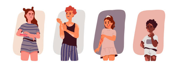 People with skin diseases set People with skin diseases set. Young sad characters with skin rash and allergies, dermatitis and psoriasis. Children and teens suffer from illness. Cartoon flat vector collection on white background chicken pox virus stock illustrations