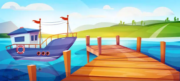 Vector illustration of Landscape with fishing boat
