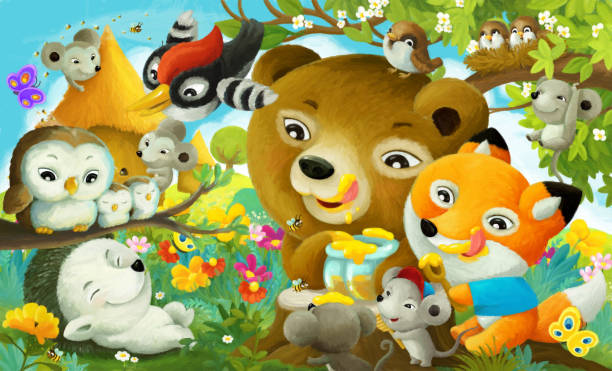 istock cartoon scene forest animals the forest eating honey 1502422049