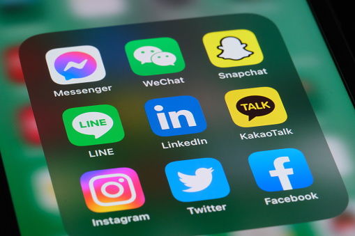 Shanghai,China-June 13st 2023: LinkedIn, LINE, Messenger,Instagram, Wechat, Twitter, SnapChat, KakaoTalk, Facebook app icon on screen. Assorted social media platform brand logo