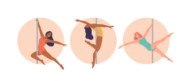 Vector illustration of Round composition set with beautiful young woman pole dancer performing acrobatic element on pylon